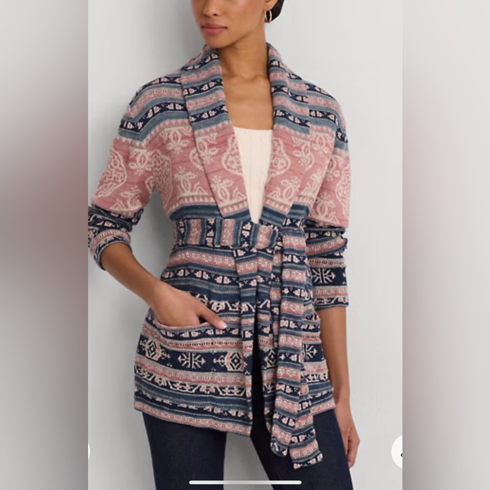 Lauren Ralph Lauren Geo-Motif Belted Linen-Cotton Cardigan size L